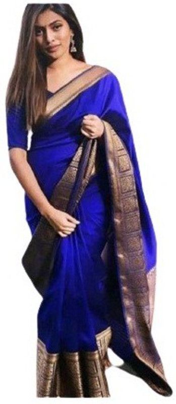 Checkered Banarasi Silk Blend Saree  (Blue)