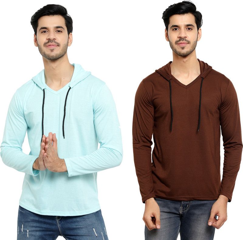 Pack of 2 HMT Men Solid Hooded Neck Cotton Blend Blue, Brown T-Shirt