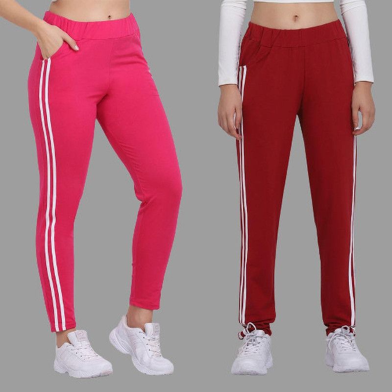 Pack of 2 Women Striped Pink, Maroon Track Pants