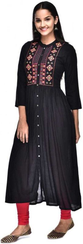 Women Embroidered Viscose Rayon Frontslit Kurta  (Black)