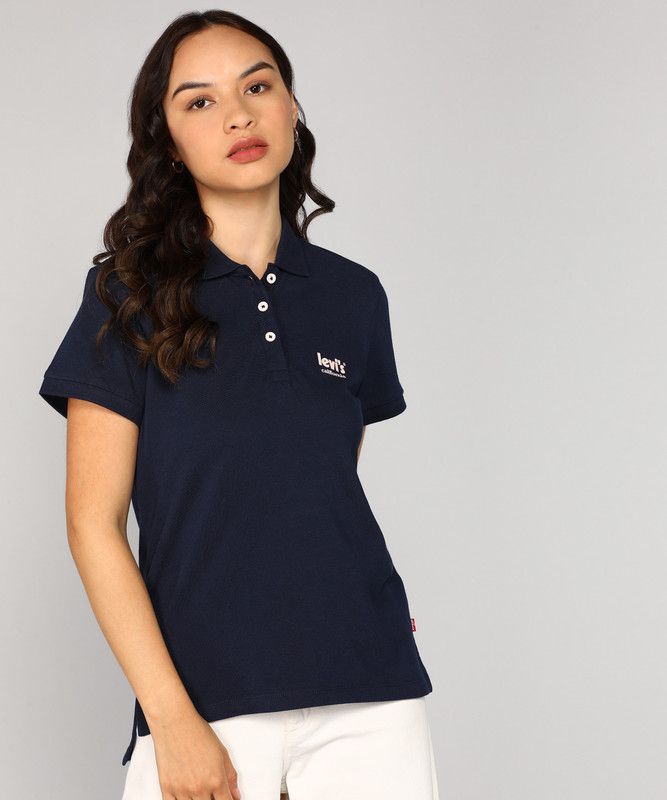 Levi's Women's Regular Fit Polo Tee Women Solid Polo Neck Pure Cotton Navy Blue T-Shirt