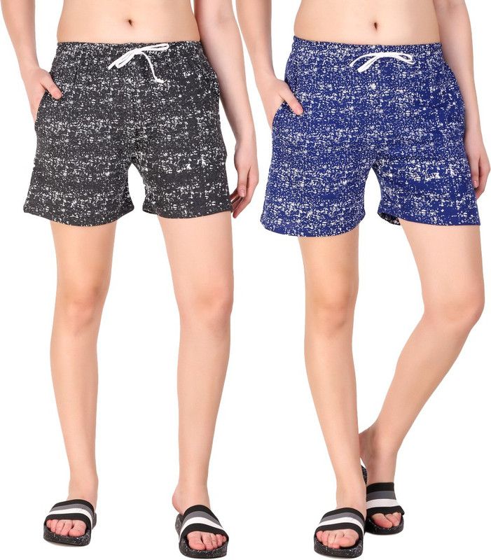 Pack of 2 Printed Women Dark Grey, Blue Regular Shorts