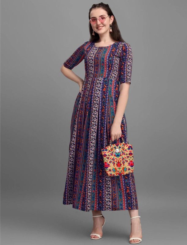 Women Printed, Embellished Cotton Linen Anarkali Kurta  (Multicolor)