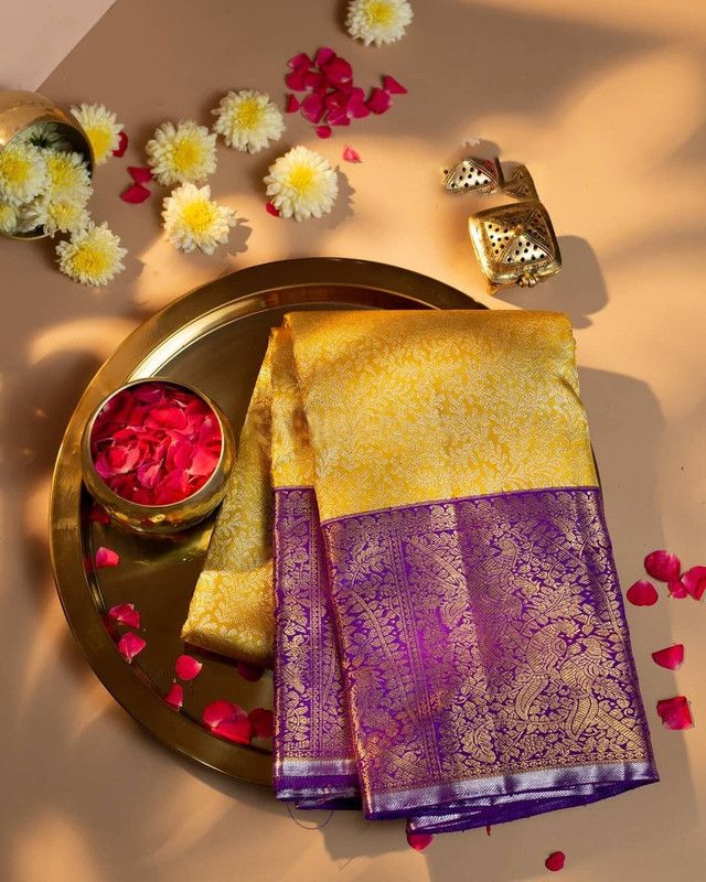 Self Design Kanjivaram Pure Silk Saree  (Yellow, Cream)