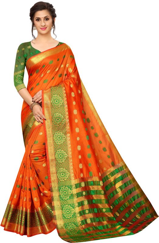 Embroidered, Woven Banarasi Silk Blend, Cotton Blend Saree  (Orange)