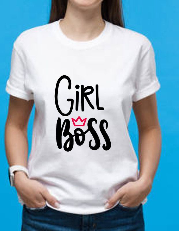 GIRL BOSS TSHIRT Women Self Design Round Neck Poly Cotton White T-Shirt