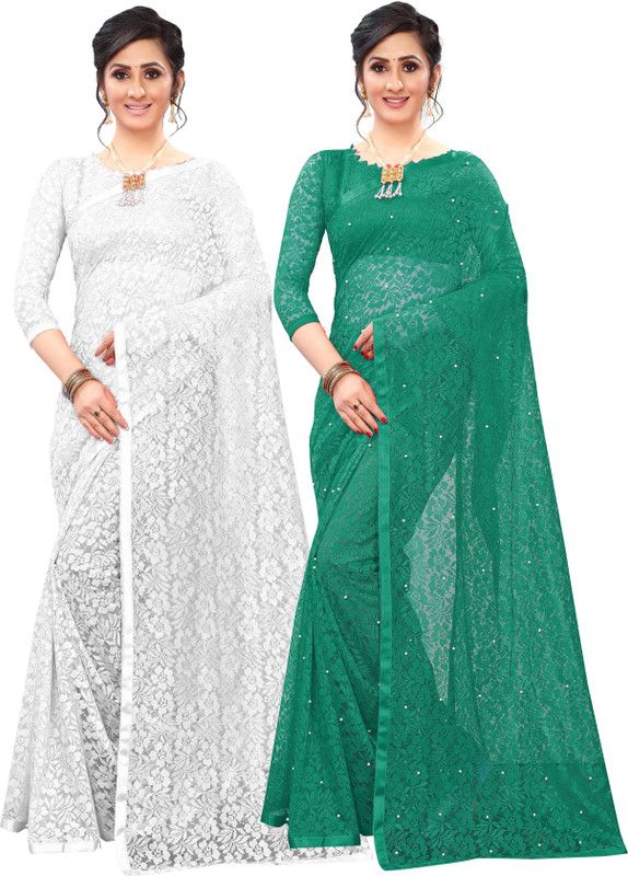 Embroidered Bollywood Net Saree  (Pack of 2, Dark Green, White)