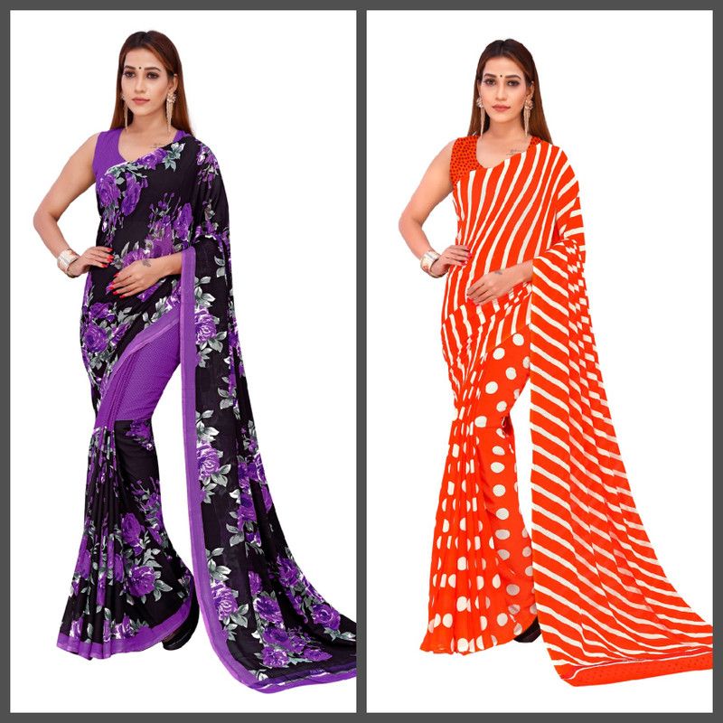 Floral Print Daily Wear Georgette Saree  (Pack of 2, Black, Purple)