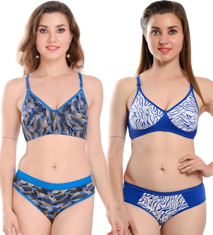 Bra & Panty Set Self Design, Floral Print Dark Blue, White, Red Lingerie Set