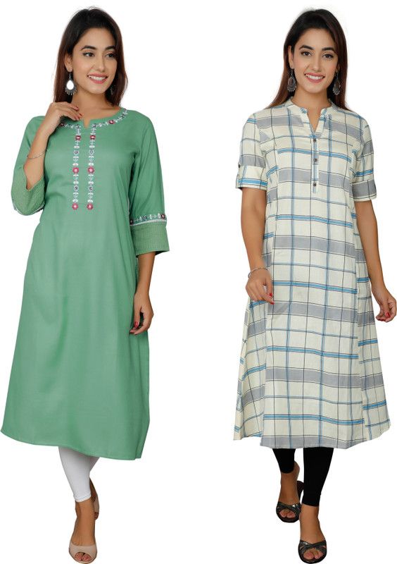 Pack of 2 Women Printed Viscose Rayon Straight Kurta  (Green, White)