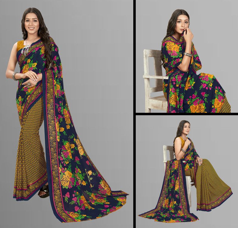 Floral Print Daily Wear Georgette Saree  (Blue, Yellow)