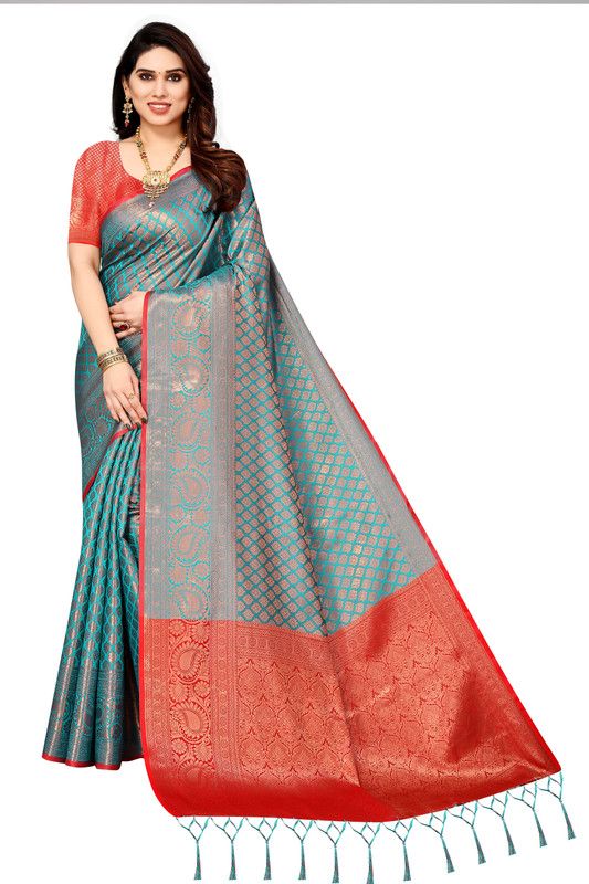Self Design Kanjivaram Pure Silk, Art Silk Saree  (Light Blue, Red)