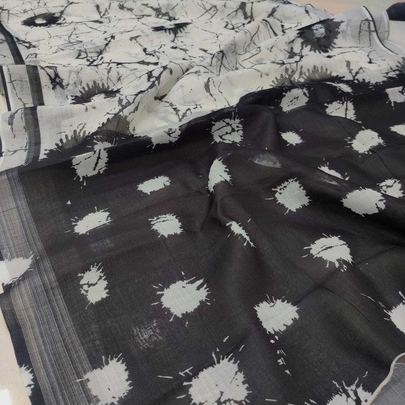 Floral Print Bollywood Linen Saree  (Black)