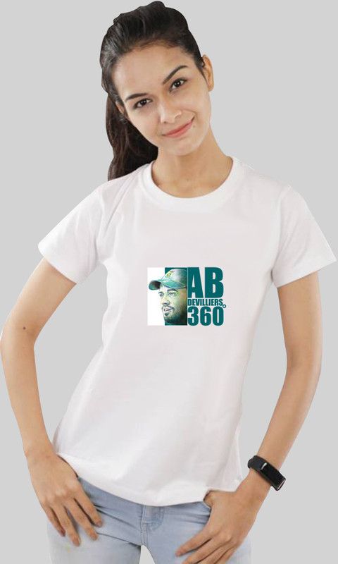 T-ABDevilliers_W Women Printed Round Neck Polyester White T-Shirt