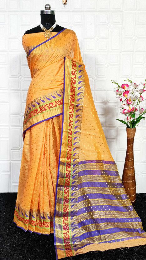 Woven Maheshwari Cotton Silk Saree  (Yellow)