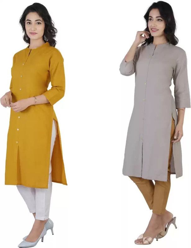 Women Solid Kurta  (Grey, Yellow)