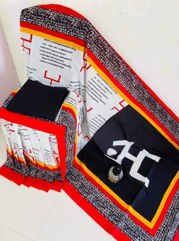 Printed Ikkat Pure Cotton Saree  (Red, Black)