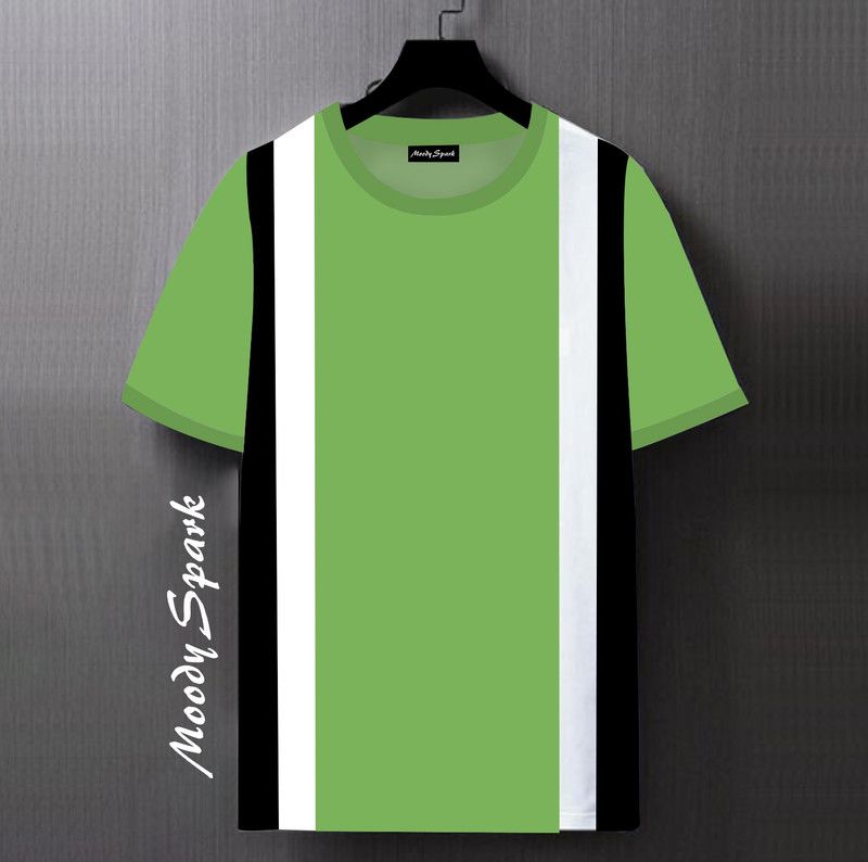 Men Striped Round Neck Pure Cotton Green, White, Black T-Shirt