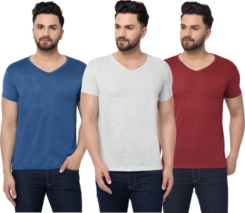 Pack of 3 Men Solid V Neck Cotton Blend White, Blue, Maroon T-Shirt