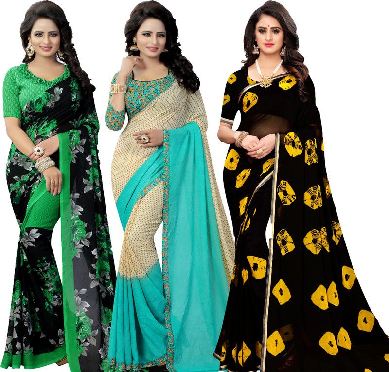 Self Design Bollywood Georgette Saree  (Pack of 3, Green, Black)