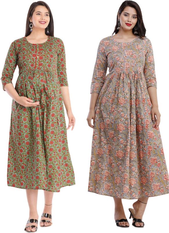 Pack of 2 Women Printed Pure Cotton Anarkali Kurta  (Multicolor, Green)