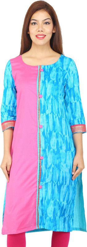 Women Printed Cotton Blend Straight Kurta  (Blue, Pink)