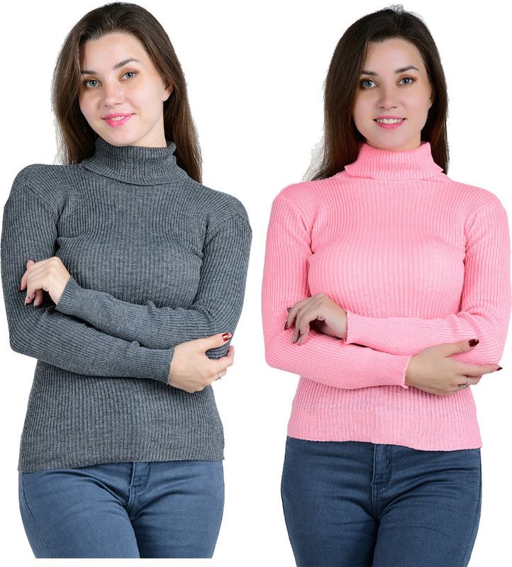 Women Self Design Turtle Neck Multicolor Sweater