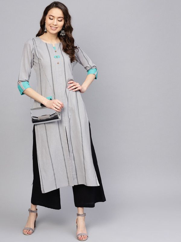 Women Striped Cotton Blend Frontslit Kurta  (Grey)