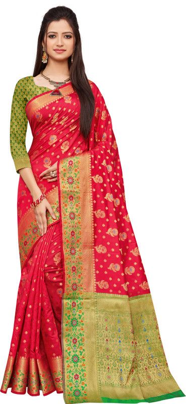 Embroidered Banarasi Cotton Silk Saree  (Red)