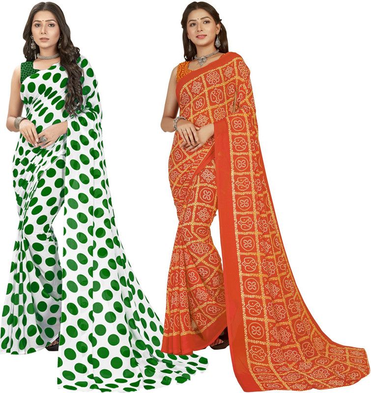 Printed Daily Wear Georgette Saree  (Pack of 2, Green, White, Orange)