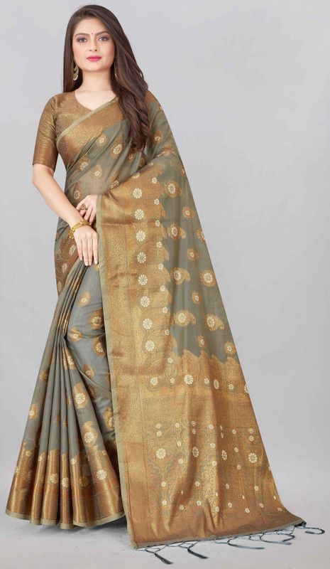 Self Design Kanjivaram Cotton Linen Saree  (Grey)
