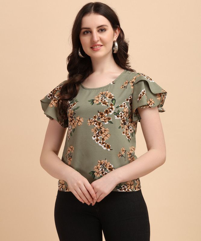 Casual Layered Floral Print Women Green, Brown Top