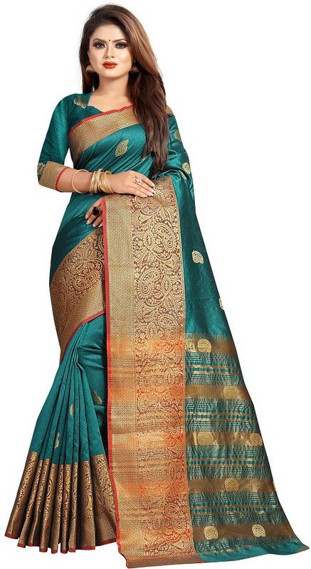Paisley Bollywood Cotton Silk Saree  (Dark Green)