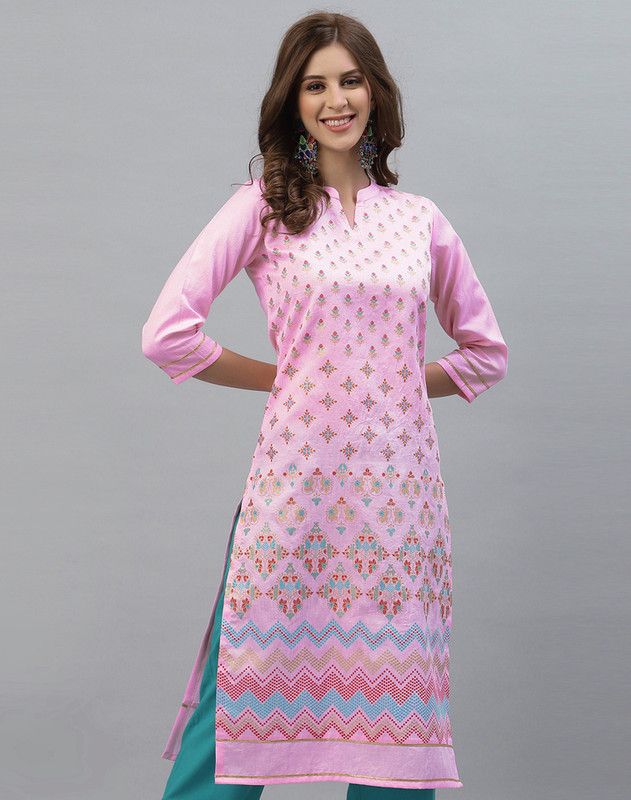 Women Printed, Geometric Print, Floral Print Silk Blend Straight Kurta  (Pink)