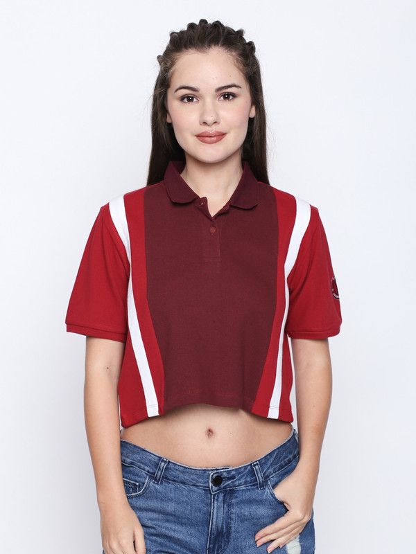 DWTS10RD Women Self Design Polo Neck Cotton Blend Red T-Shirt