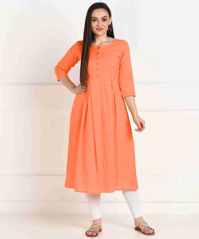 Women Solid Cotton Blend Flared Kurta  (Orange)