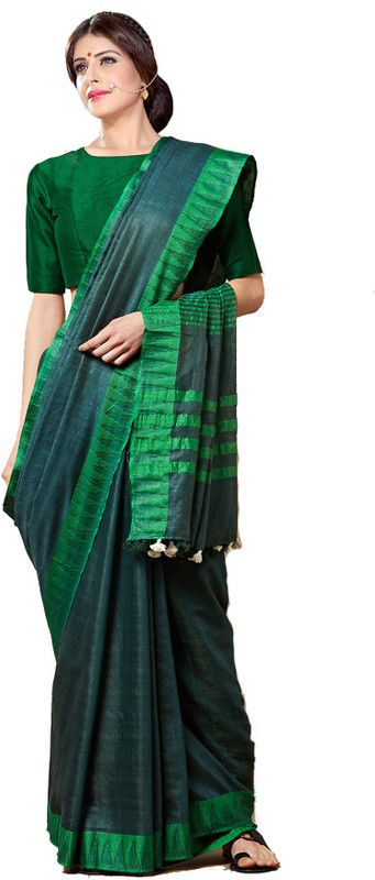 Temple Border Bhagalpuri Art Silk Saree  (Dark Green)