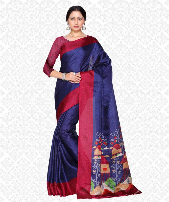 Solid Kalamkari Silk Blend Saree  (Blue)