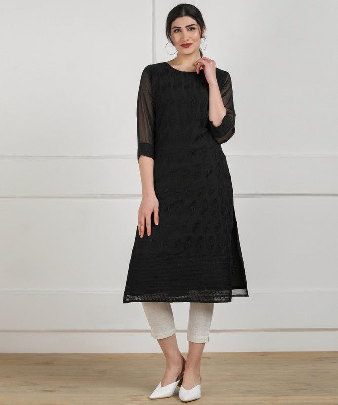 Girls Chikan Embroidery Kurta  (Black)