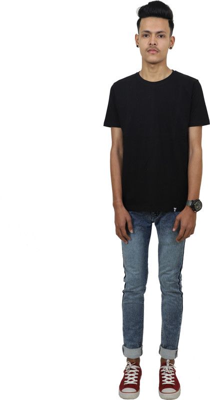 Plain Men T Shirts-2019-BLK Men Solid Round Neck Cotton Blend Black T-Shirt