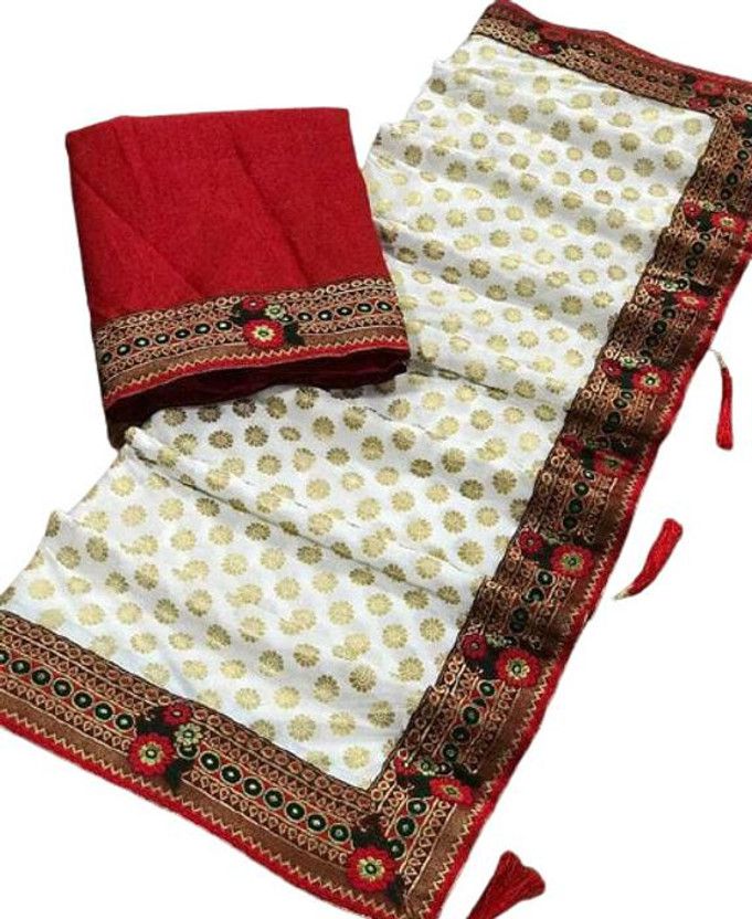 Self Design, Printed, Applique, Floral Print Bollywood Lycra Blend Saree  (White)