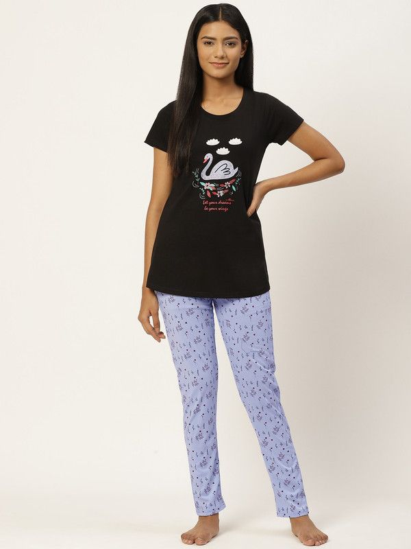 Women Top & Pyjama Set Black, Blue Printed