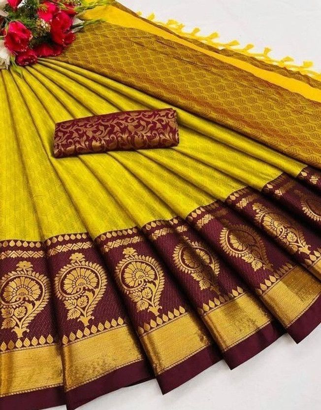 Woven Dharmavaram Jacquard, Art Silk Saree  (Yellow)