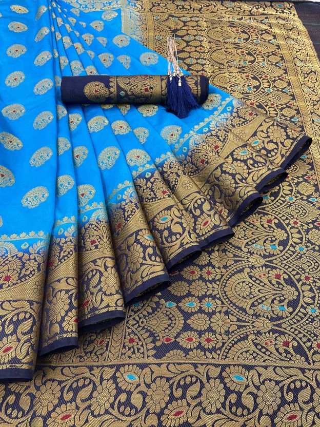 Self Design Kanjivaram Art Silk, Pure Silk Saree  (Light Blue, Cream)