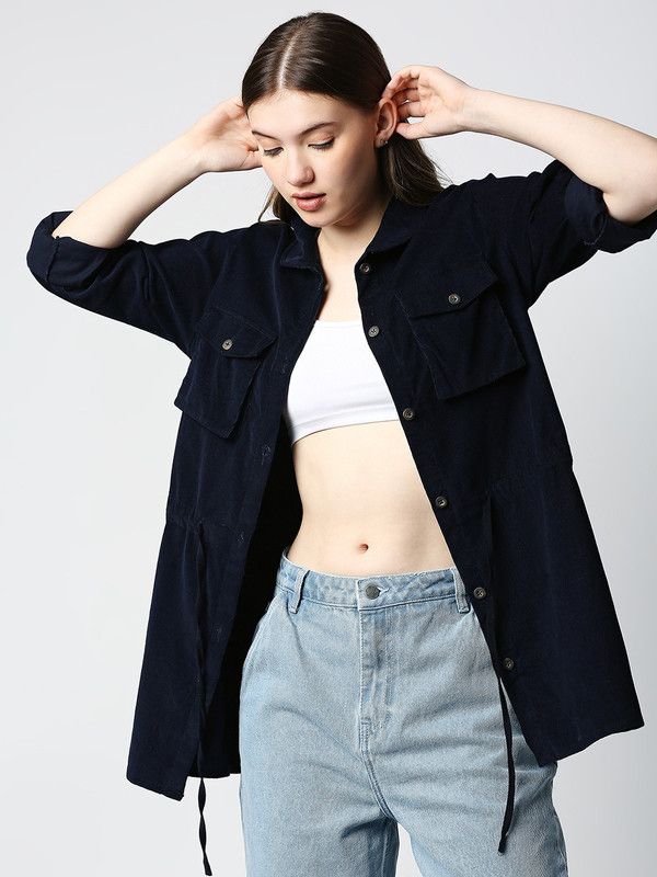 Women Boxy Fit Self Design Spread Collar Casual Shirt