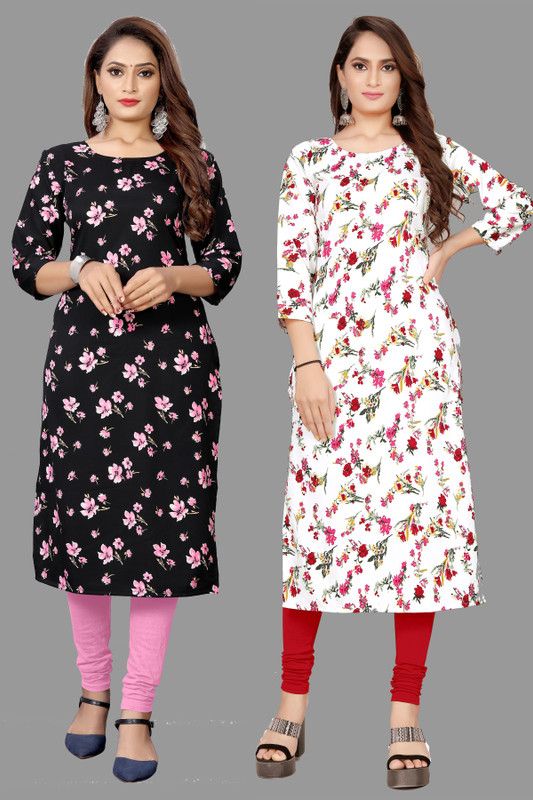 Pack of 2 Women Floral Print Crepe A-line Kurta  (Multicolor, White, Pink)