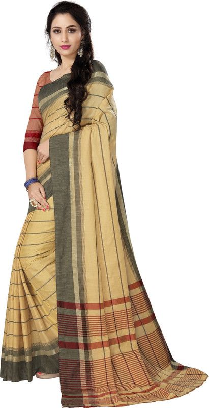 Striped Bollywood Cotton Linen Saree  (Beige)