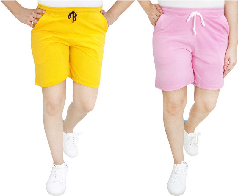 Pack of 2 Solid Women Yellow, Pink Sports Shorts