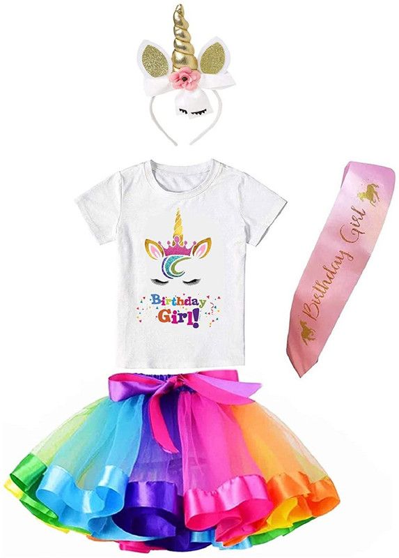 Girls Party(Festive) T-shirt Skirt  (Multicolor)