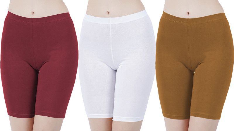 Pack of 3 Solid Women Maroon, White, Khaki Cycling Shorts